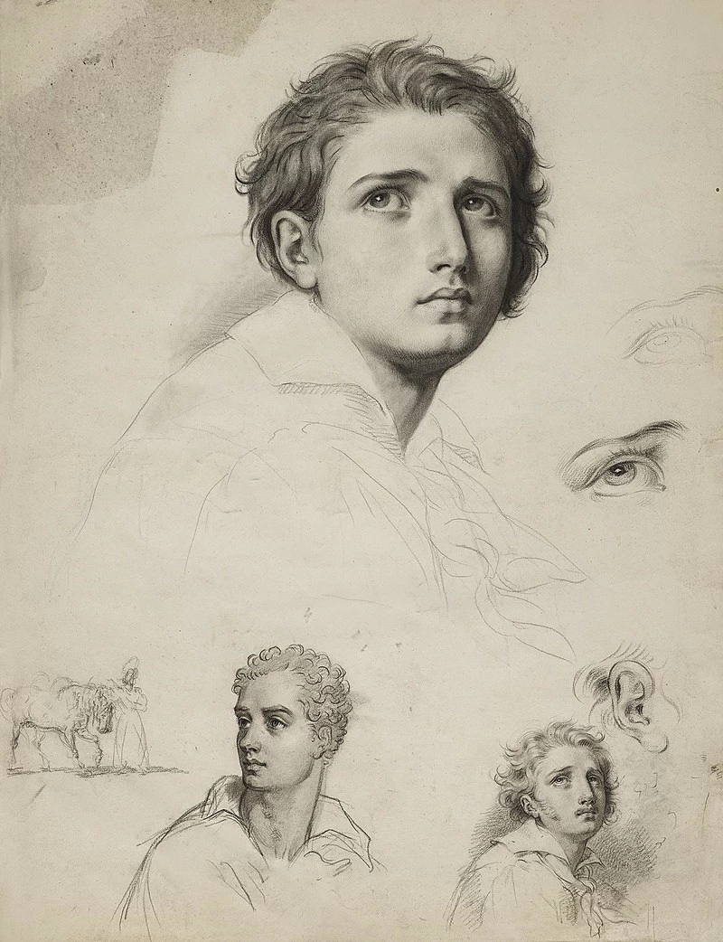 Studio di un giovane visto di tre quarti e studi di altri due giovani, orecchio, occhi e cavaliere che tiene il cavallo per le briglie